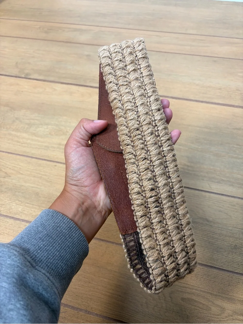Fossil Woven Stretch Belt Leather Equestrian Buckle Cream Tan Boho